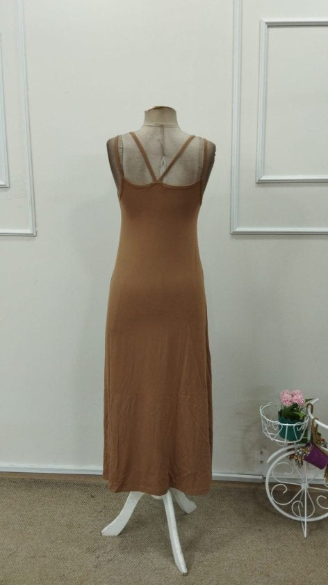 Rochie lungă din viscoză, evazată, cu guler rotund și bretele, pentru femei, 32880