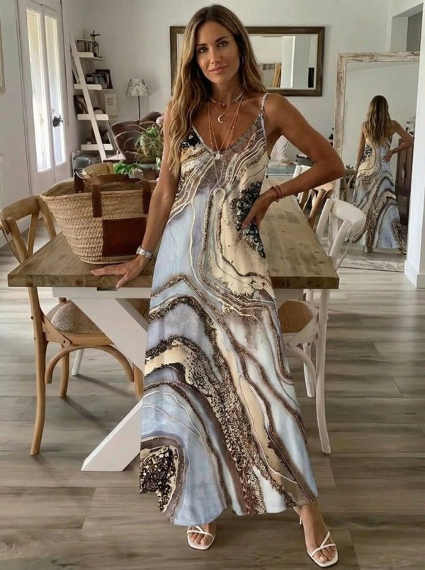 Rochie lungă Supreme pentru femei, cu bretele, decolteu în V și imprimeu, 32886