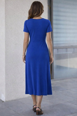 Rochie midi din viscoză pentru femei, cu mânecă scurtă, guler rotund și crăpături laterale, 32941