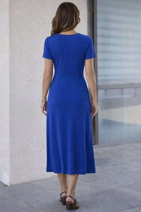 Rochie midi din viscoză pentru femei, cu mânecă scurtă, guler rotund și crăpături laterale, 32941