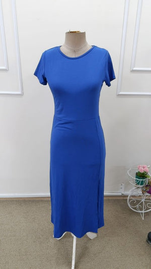 Rochie midi din viscoză pentru femei, cu mânecă scurtă, guler rotund și crăpături laterale, 32941
