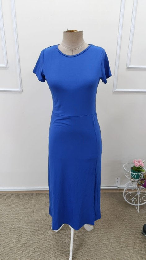 Rochie midi din viscoză pentru femei, cu mânecă scurtă, guler rotund și crăpături laterale, 32941