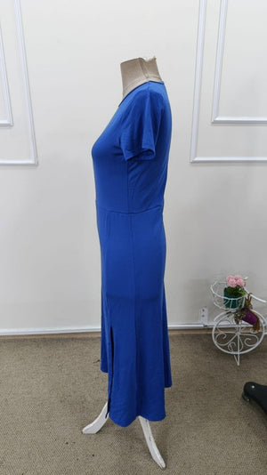 Rochie midi din viscoză pentru femei, cu mânecă scurtă, guler rotund și crăpături laterale, 32941