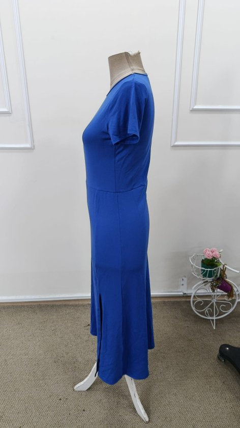 Rochie midi din viscoză pentru femei, cu mânecă scurtă, guler rotund și crăpături laterale, 32941