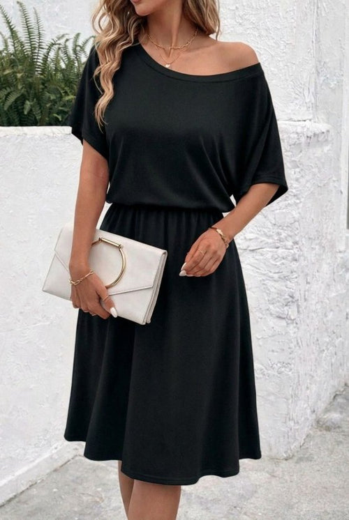 Rochie midi evazată din viscoză, cu mânecă scurtă și umeri goi, pentru femei, 32973