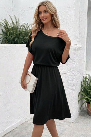Rochie midi evazată din viscoză, cu mânecă scurtă și umeri goi, pentru femei, 32973