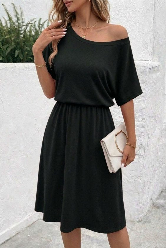 Rochie midi evazată din viscoză, cu mânecă scurtă și umeri goi, pentru femei, 32973