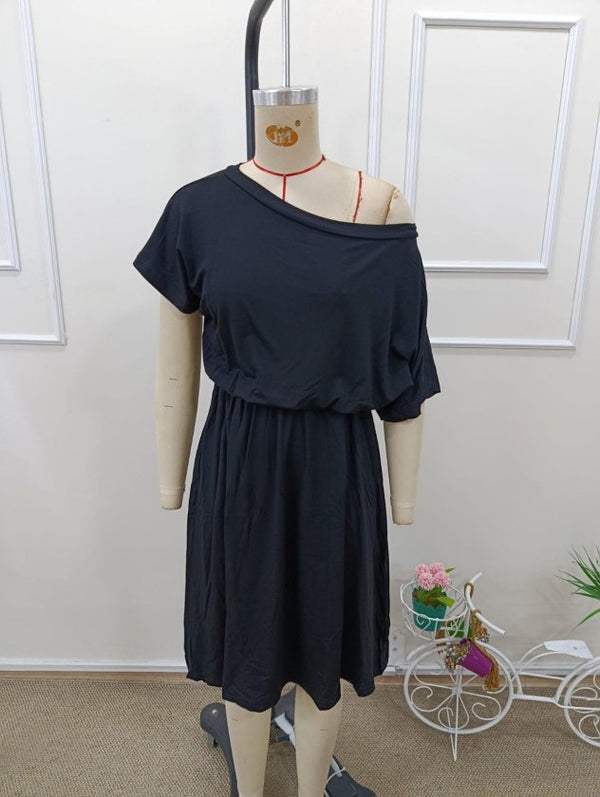 Rochie midi evazată din viscoză, cu mânecă scurtă și umeri goi, pentru femei, 32973