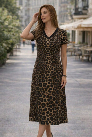 Rochie scurtă Supreme pentru femei, cu mânecă scurtă, decolteu în V și imprimeu leopard, 33177