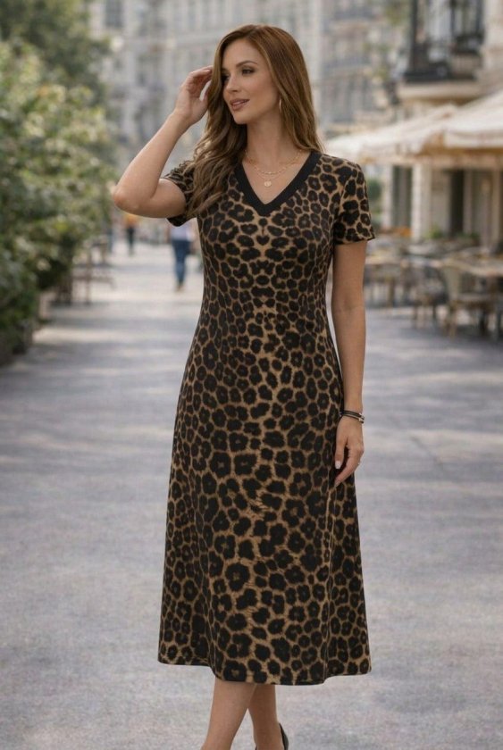 Rochie scurtă Supreme pentru femei, cu mânecă scurtă, decolteu în V și imprimeu leopard, 33177