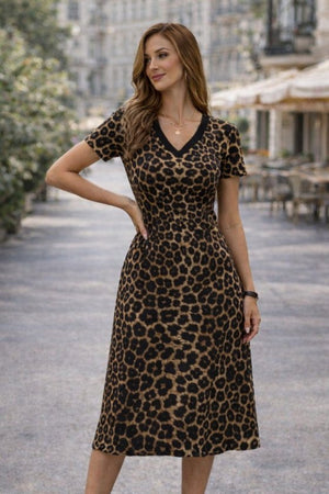 Rochie scurtă Supreme pentru femei, cu mânecă scurtă, decolteu în V și imprimeu leopard, 33177