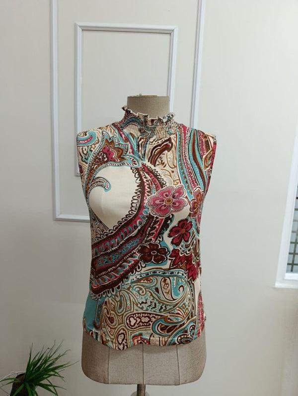Kadın Kolsuz Balıkçı Yaka Desenli Süprem Bluz, 34830