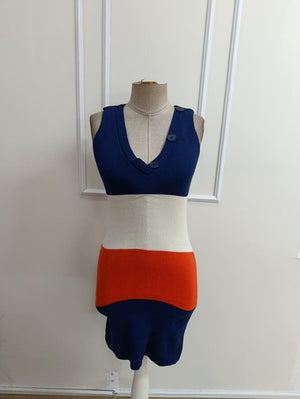 Rochie de damă din tricot multicolor, cu bretele, decolteu în V și nasturi, 33229