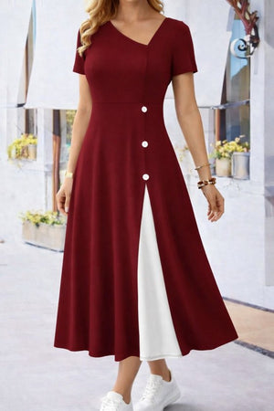 Rochie midi din viscoză pentru femei, cu mânecă scurtă, guler asimetric și detaliu cu nasturi, 33238