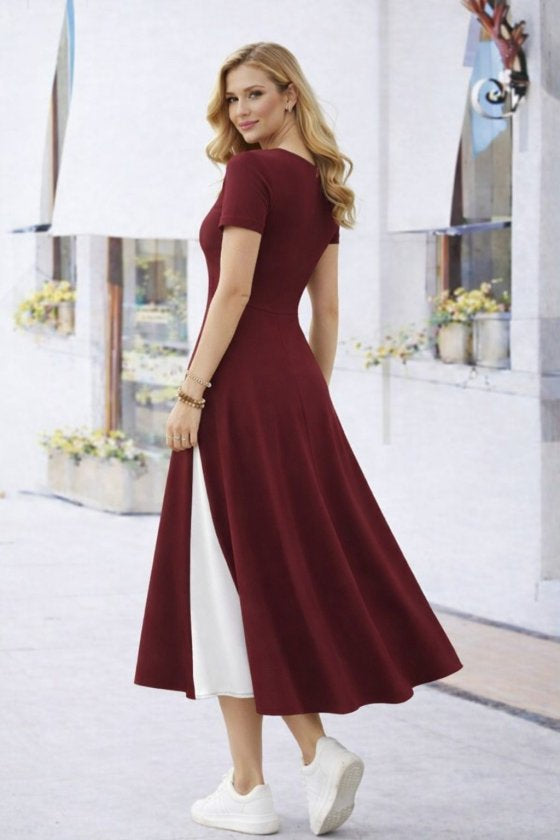 Rochie midi din viscoză pentru femei, cu mânecă scurtă, guler asimetric și detaliu cu nasturi, 33238