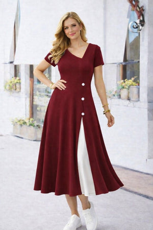 Rochie midi din viscoză pentru femei, cu mânecă scurtă, guler asimetric și detaliu cu nasturi, 33238
