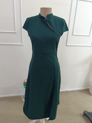 Rochie midi din crep importat, cu mânecă scurtă, guler mandarin și crăpătură, pentru femei, 33835