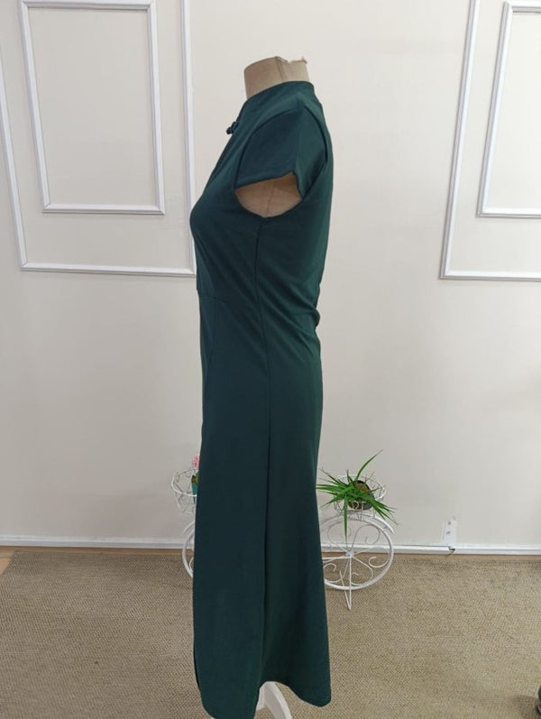 Rochie midi din crep importat, cu mânecă scurtă, guler mandarin și crăpătură, pentru femei, 33835