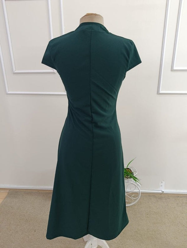 Rochie midi din crep importat, cu mânecă scurtă, guler mandarin și crăpătură, pentru femei, 33835