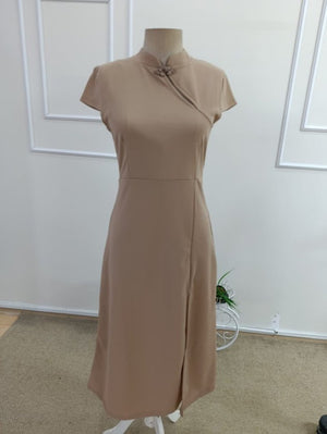 Rochie midi din crep importat, cu mânecă scurtă, guler mandarin și crăpătură, pentru femei, 33836