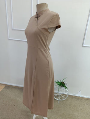 Rochie midi din crep importat, cu mânecă scurtă, guler mandarin și crăpătură, pentru femei, 33836