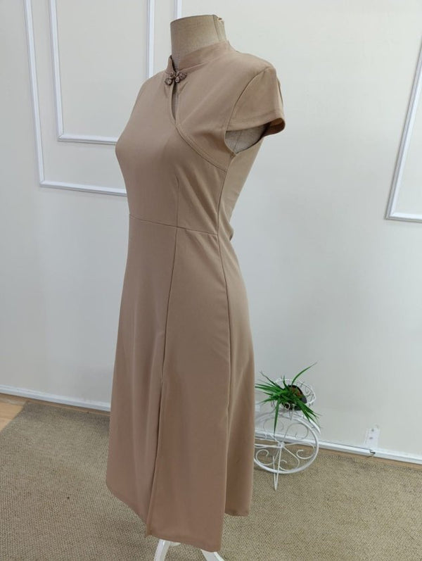 Rochie midi din crep importat, cu mânecă scurtă, guler mandarin și crăpătură, pentru femei, 33836