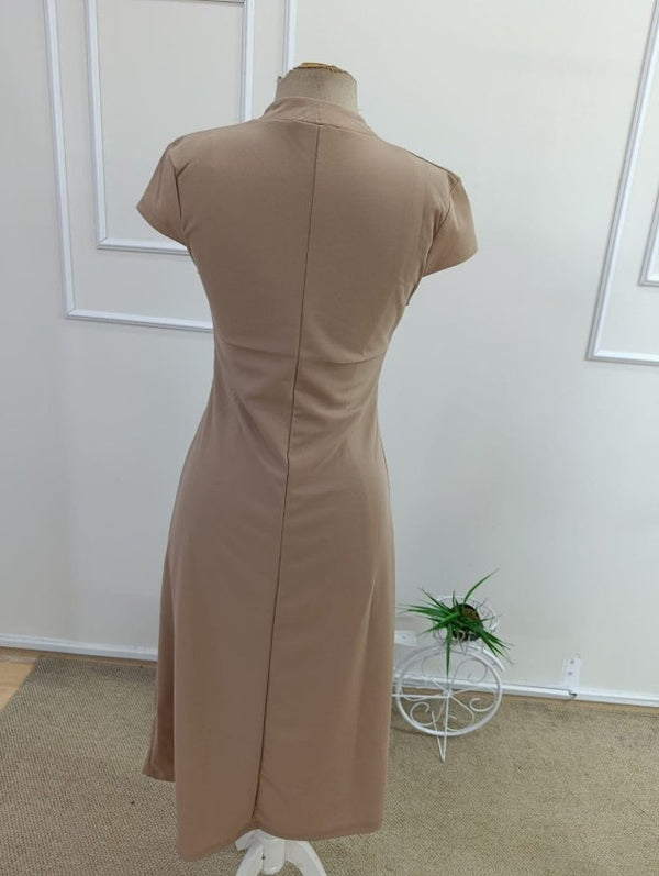 Rochie midi din crep importat, cu mânecă scurtă, guler mandarin și crăpătură, pentru femei, 33836