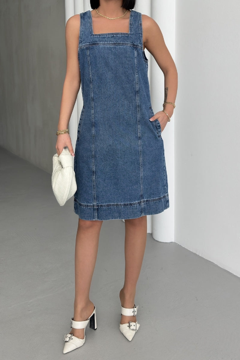 Askılı Yan Cepli Klasik Kot Elbise Düz Orta Mavi Rins