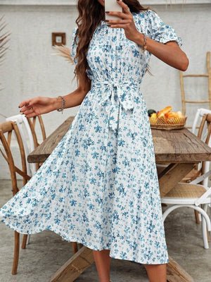 Kadın Kısa Kollu Yakalı Belden Kuşaklı Leopar Desenli Midi Süprem Elbise , 33458