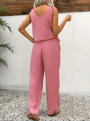 Set de două piese pentru femei, bluză și pantaloni Aerobin, cu decolteu în V, bretele și nasturi, cu fundă pe umăr, 33470