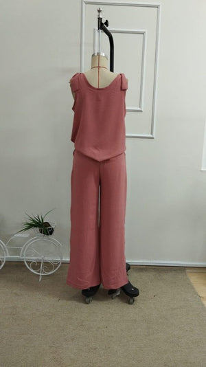 Set de două piese pentru femei, bluză și pantaloni Aerobin, cu decolteu în V, bretele și nasturi, cu fundă pe umăr, 33470
