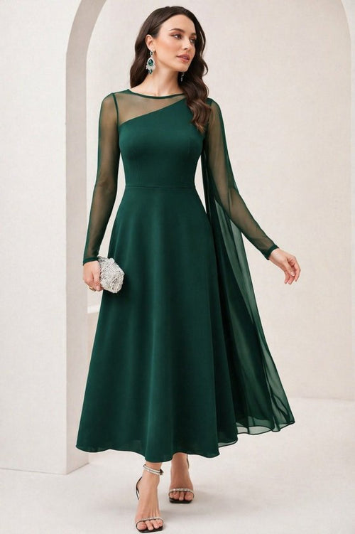 Rochie lungă de damă, culoare nisip, cu guler semi-rotund și detaliu din tul, 33666