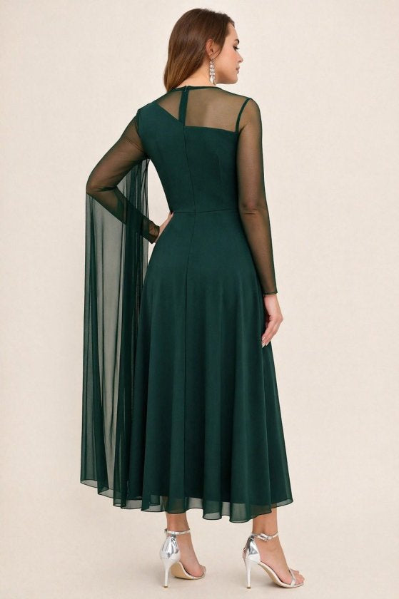Rochie lungă de damă, culoare nisip, cu guler semi-rotund și detaliu din tul, 33666