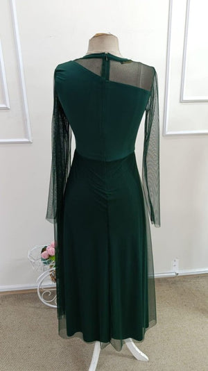 Rochie lungă de damă, culoare nisip, cu guler semi-rotund și detaliu din tul, 33666