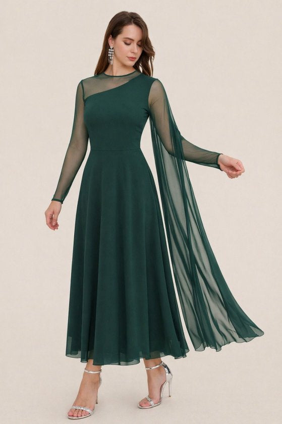 Rochie lungă de damă, culoare nisip, cu guler semi-rotund și detaliu din tul, 33666
