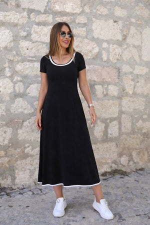 Rochie midi evazată din viscoză pentru femei, cu mânecă scurtă, decolteu rotund, guler colorat, 33851