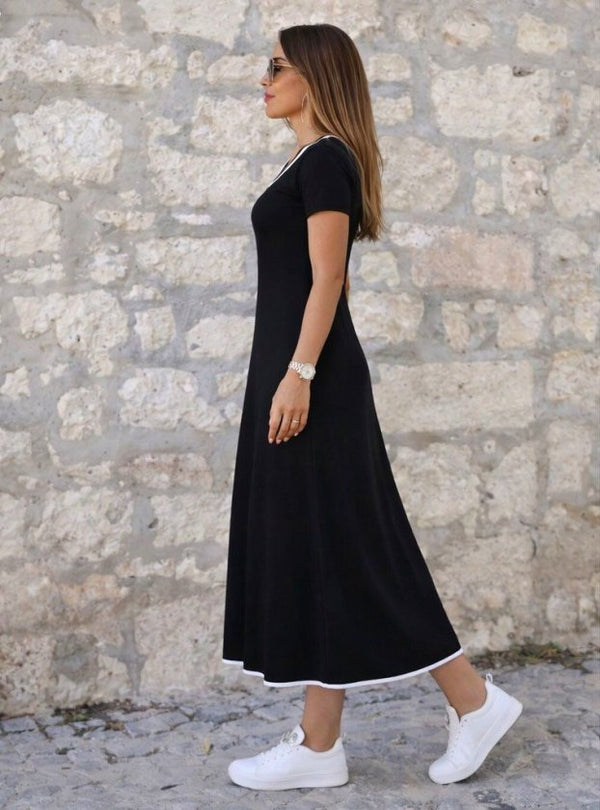 Rochie midi evazată din viscoză pentru femei, cu mânecă scurtă, decolteu rotund, guler colorat, 33851