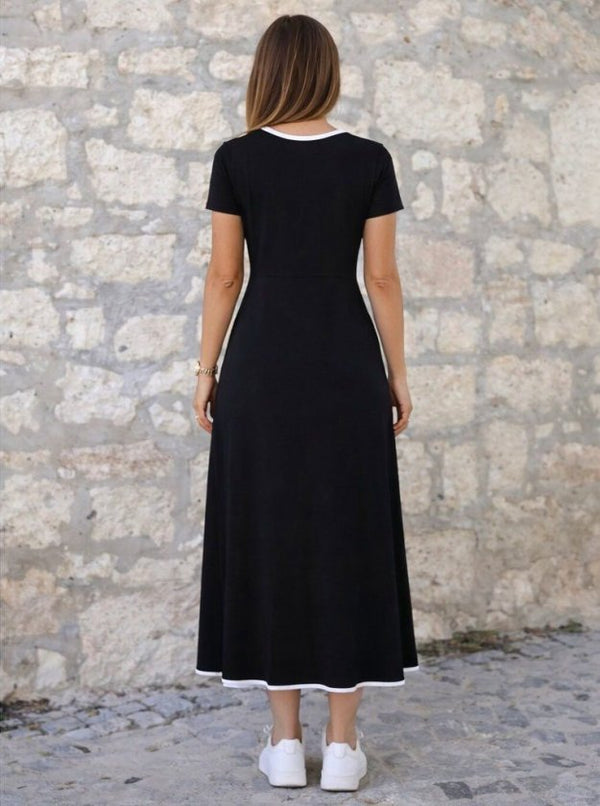 Rochie midi evazată din viscoză pentru femei, cu mânecă scurtă, decolteu rotund, guler colorat, 33851