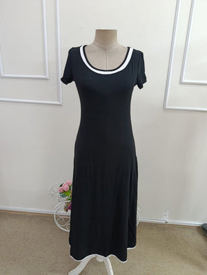 Rochie midi evazată din viscoză pentru femei, cu mânecă scurtă, decolteu rotund, guler colorat, 33851