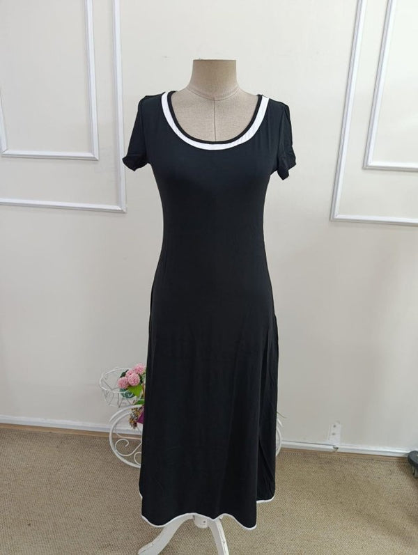 Rochie midi evazată din viscoză pentru femei, cu mânecă scurtă, decolteu rotund, guler colorat, 33851