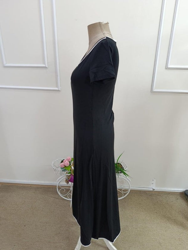 Rochie midi evazată din viscoză pentru femei, cu mânecă scurtă, decolteu rotund, guler colorat, 33851