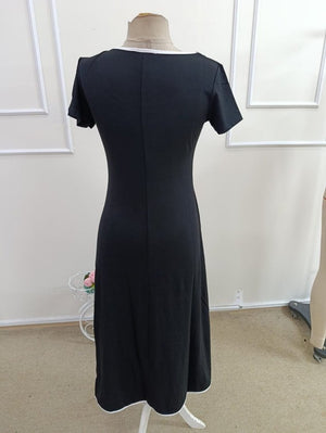 Rochie midi evazată din viscoză pentru femei, cu mânecă scurtă, decolteu rotund, guler colorat, 33851