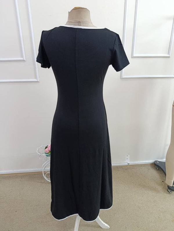 Rochie midi evazată din viscoză pentru femei, cu mânecă scurtă, decolteu rotund, guler colorat, 33851