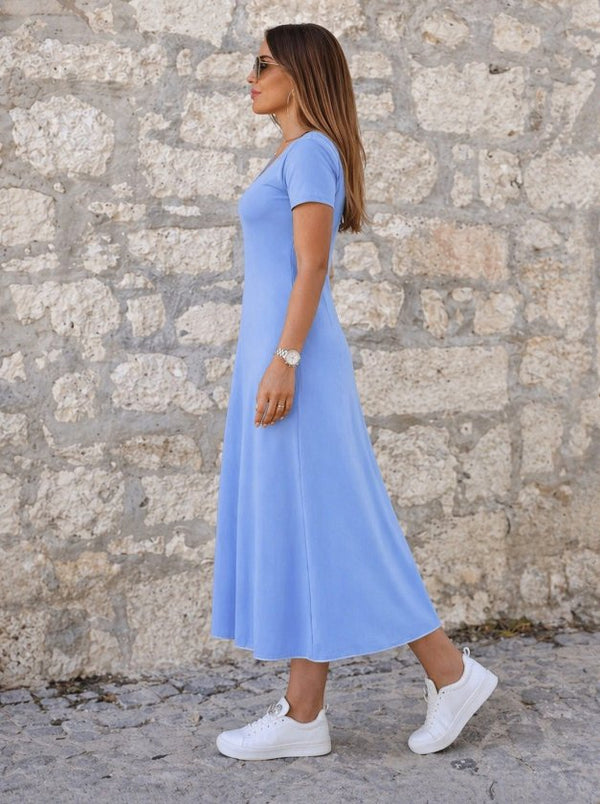 Rochie midi evazată din viscoză pentru femei, cu mânecă scurtă, decolteu rotund, guler colorat, 33852
