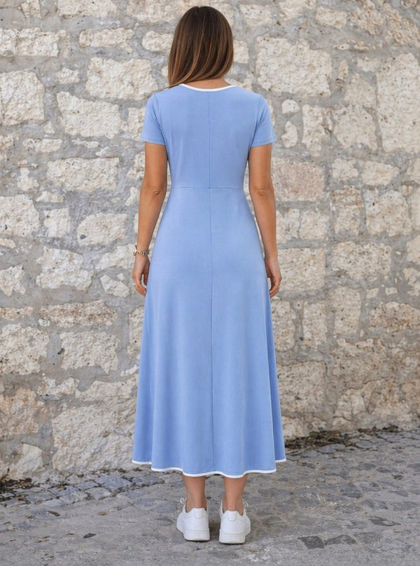Rochie midi evazată din viscoză pentru femei, cu mânecă scurtă, decolteu rotund, guler colorat, 33852
