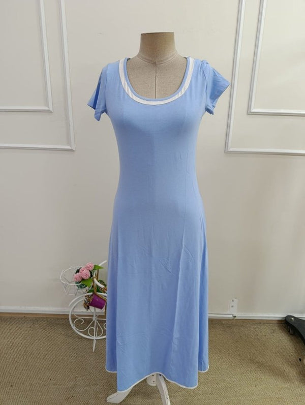 Rochie midi evazată din viscoză pentru femei, cu mânecă scurtă, decolteu rotund, guler colorat, 33852
