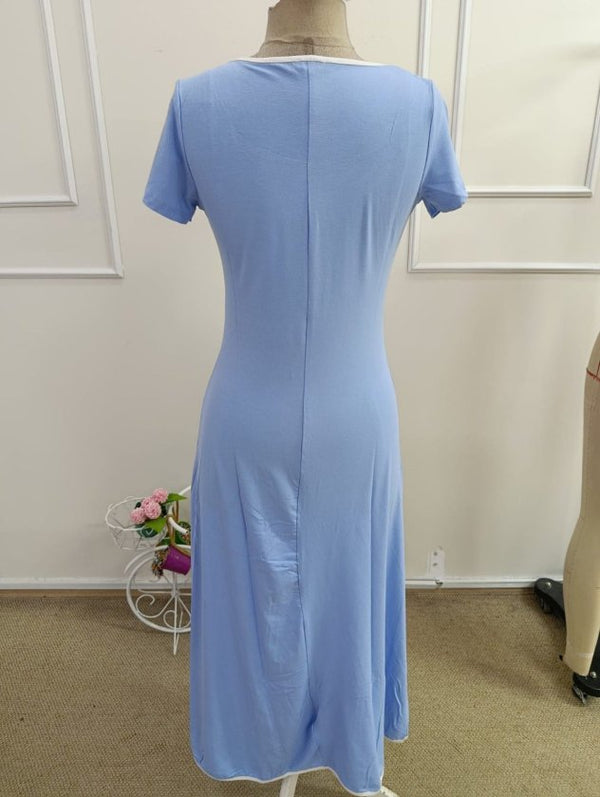 Rochie midi evazată din viscoză pentru femei, cu mânecă scurtă, decolteu rotund, guler colorat, 33852