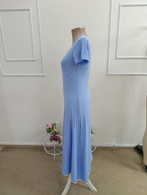 Rochie midi evazată din viscoză pentru femei, cu mânecă scurtă, decolteu rotund, guler colorat, 33852