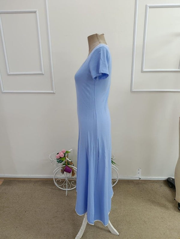 Rochie midi evazată din viscoză pentru femei, cu mânecă scurtă, decolteu rotund, guler colorat, 33852