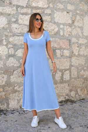 Rochie midi evazată din viscoză pentru femei, cu mânecă scurtă, decolteu rotund, guler colorat, 33852